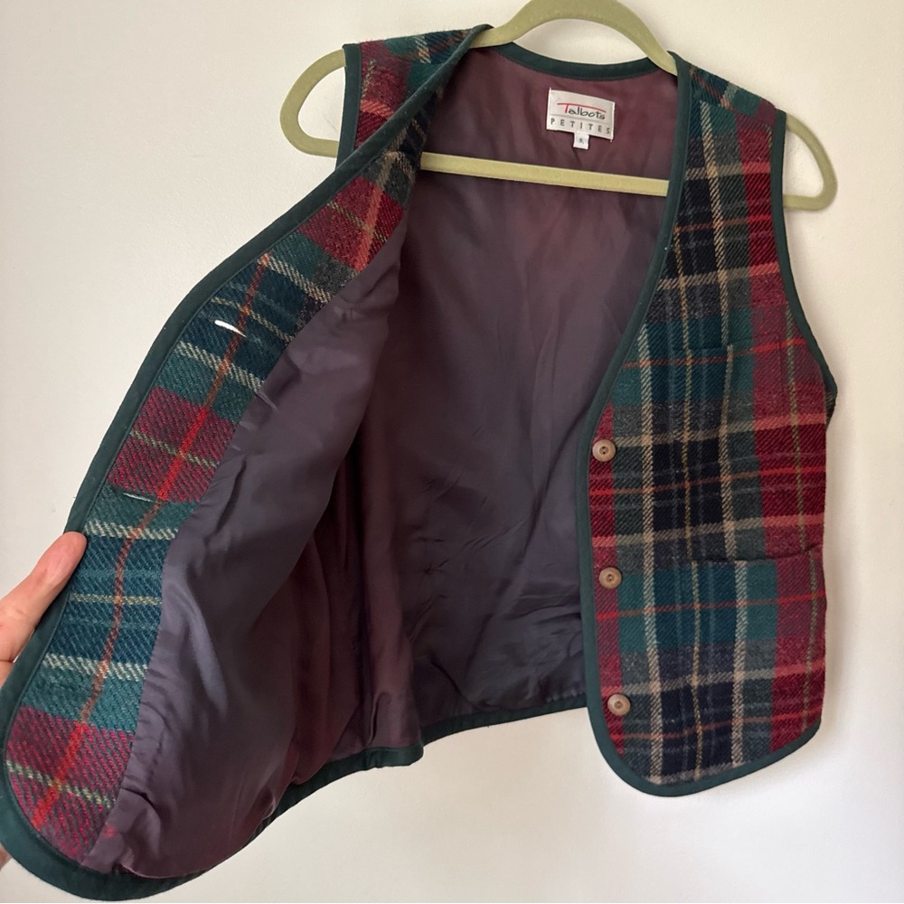 Vintage 90s Talbots Petites 100% Wool Vest in Green Plaid, Size S Petite - Picture 15 of 16